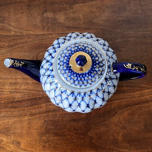 Lomonosov Russian Imperial Porcelain Cobalt Net Mini Teapot 5.25" Tall 2+ Cups - Picture 4 of 15